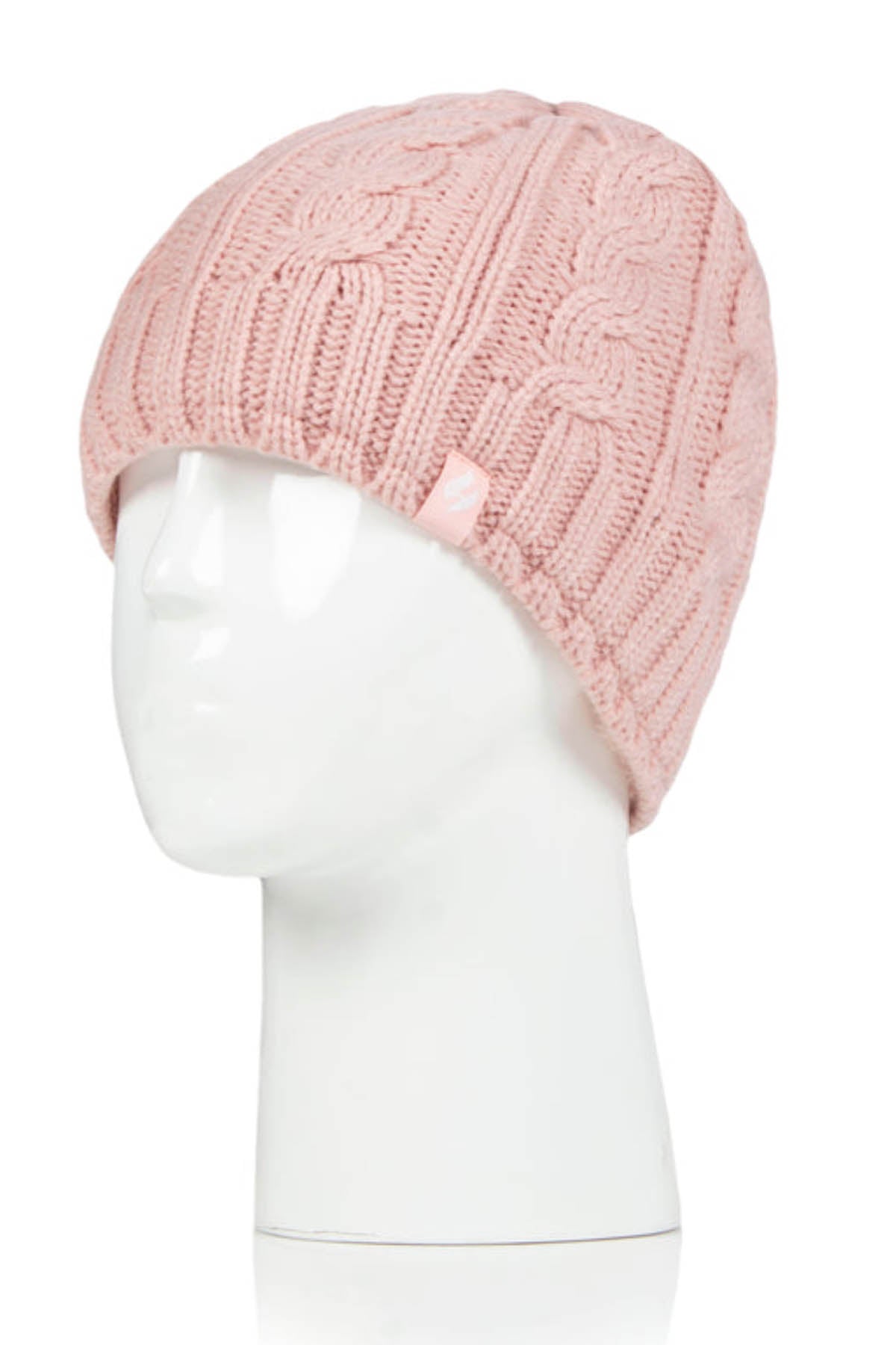 A pink Heat Holders Alesund Ladies Thermal Beanie displayed on a white mannequin head. The beanie features a cable knit pattern, HeatWeaver® plush lining, and a small fabric tag on the side. The mannequin is shown in a profile view against a plain white background.