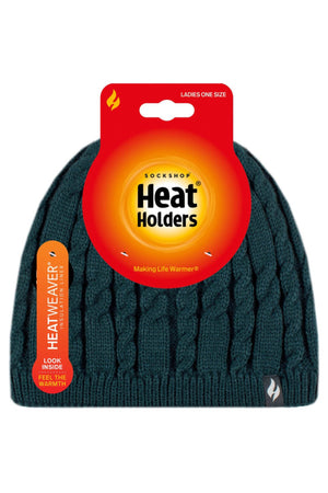 A dark green knit Heat Holders Alesund Ladies Thermal Beanie by SockShop is shown. The product packaging has a red and orange gradient, with text stating it features HeatWeaver® plush lining for extra warmth. The label also indicates it is a ladies' one size hat.