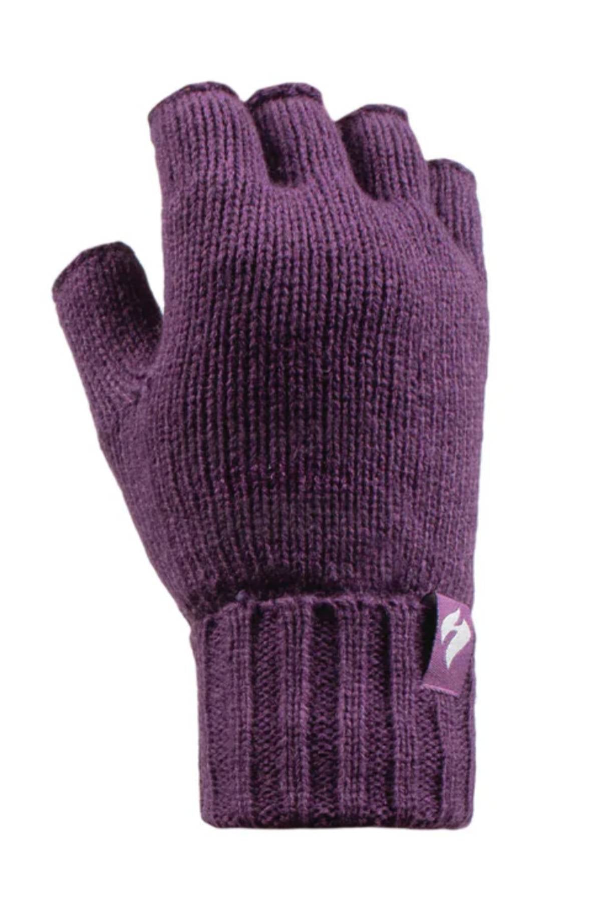 The Heat Holders Ladies Fingerless Thermal Gloves are purple, knitted, feature a ribbed cuff and a small fabric tag with a white design on the wrist, and offer excellent insulation and comfort.