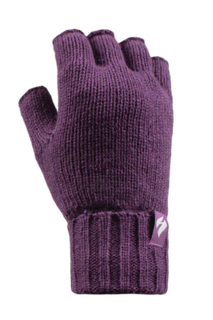 The Heat Holders Ladies Fingerless Thermal Gloves are purple, knitted, feature a ribbed cuff and a small fabric tag with a white design on the wrist, and offer excellent insulation and comfort.