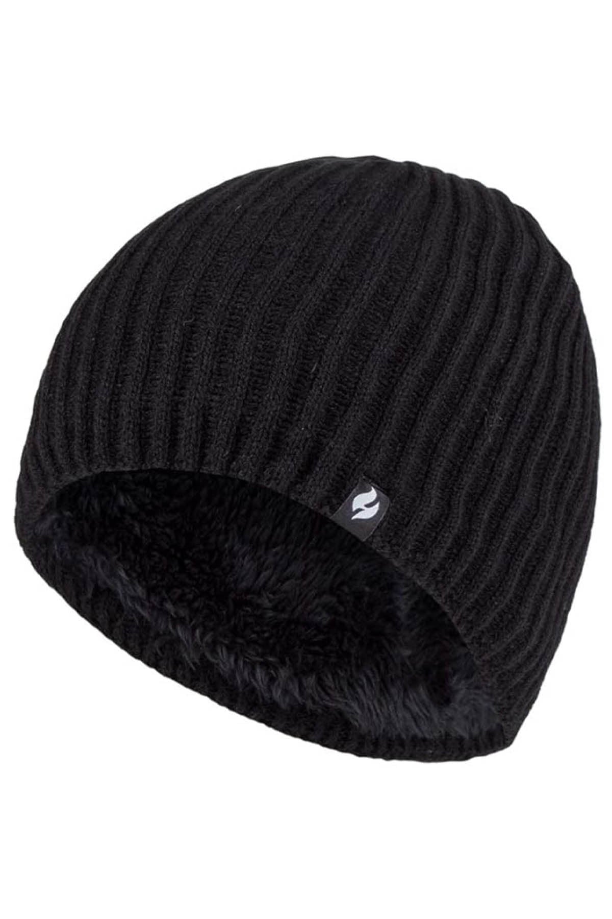 The Heat Holders Halden Men's Thermal Beanie is a black knit beanie with a ribbed texture and a small logo tag on the side. Its interior features HeatWeaver thermal lining for added warmth, making it an ideal men's thermal beanie.