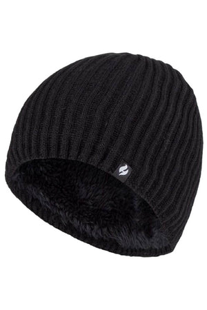 The Heat Holders Halden Men's Thermal Beanie is a black knit beanie with a ribbed texture and a small logo tag on the side. Its interior features HeatWeaver thermal lining for added warmth, making it an ideal men's thermal beanie.