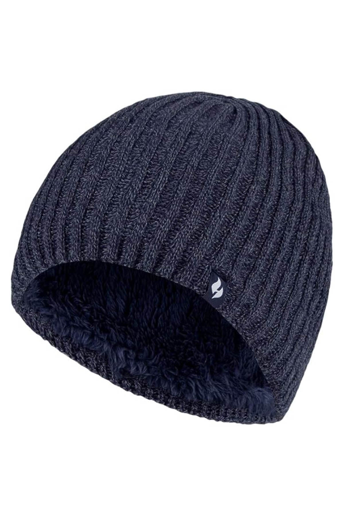 A close-up image of a dark gray Heat Holders Halden Mens Thermal Beanie. The hat features vertical ribbing and a soft, plush lining visible along the bottom edge, providing a sense of warmth and comfort perfect for the winter season. A small, subtle brand logo is also visible on the side.