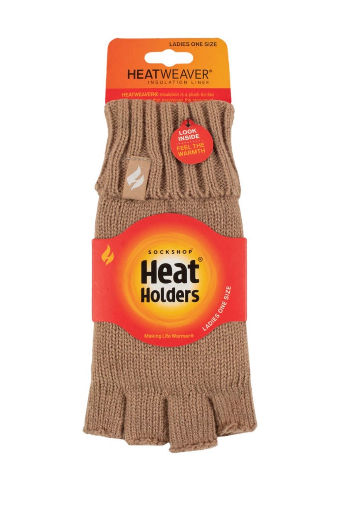 Heat Holders Ladies Fingerless Thermal Gloves in tan, labeled "One Size." Packaging features the brand logo and highlights the thermal lining for extra insulation, inviting you to feel the difference inside.