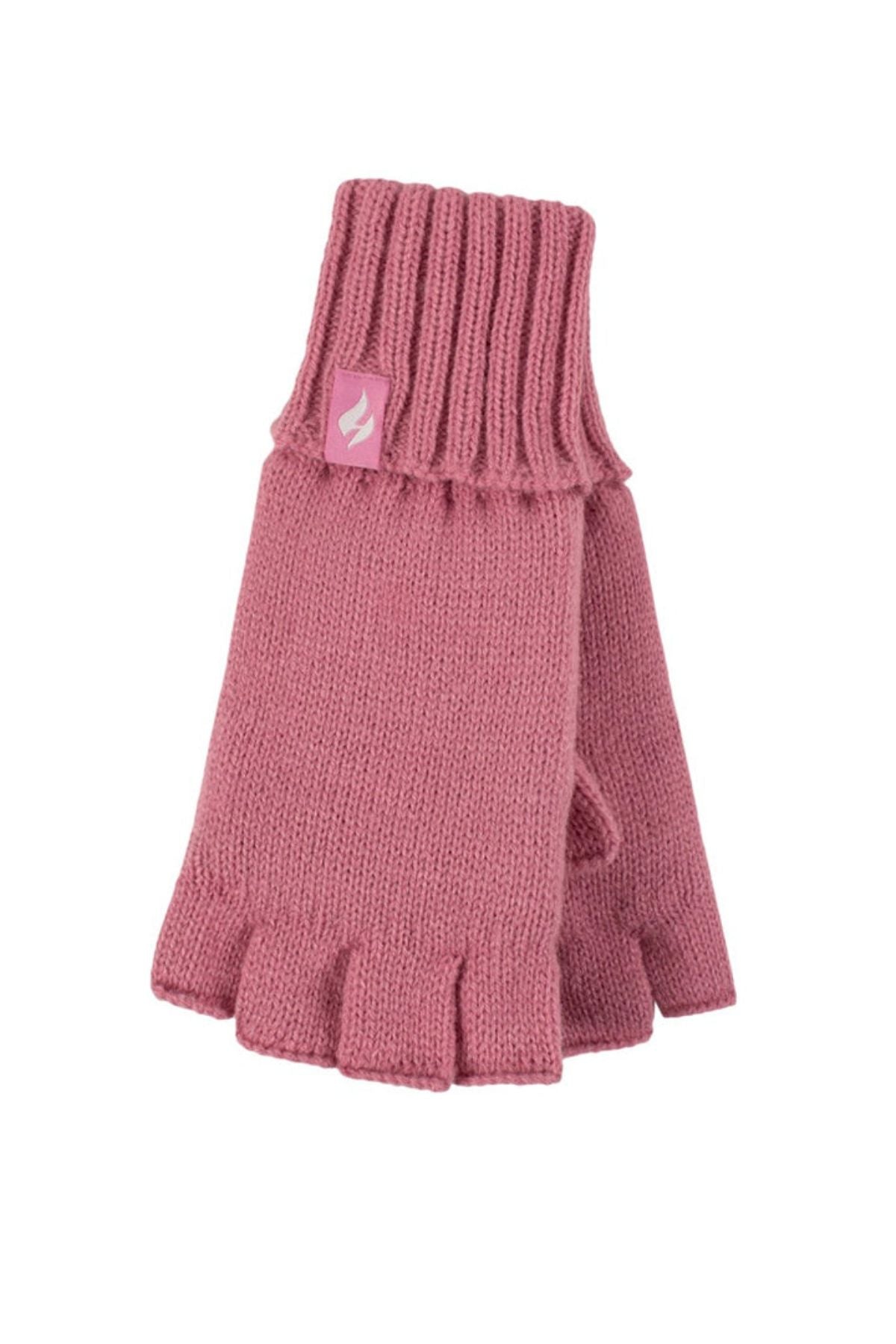 A pair of pink Heat Holders Ladies Fingerless Thermal Gloves with ribbed cuffs and a small pink tag featuring a white flame logo are neatly stacked on a white background.