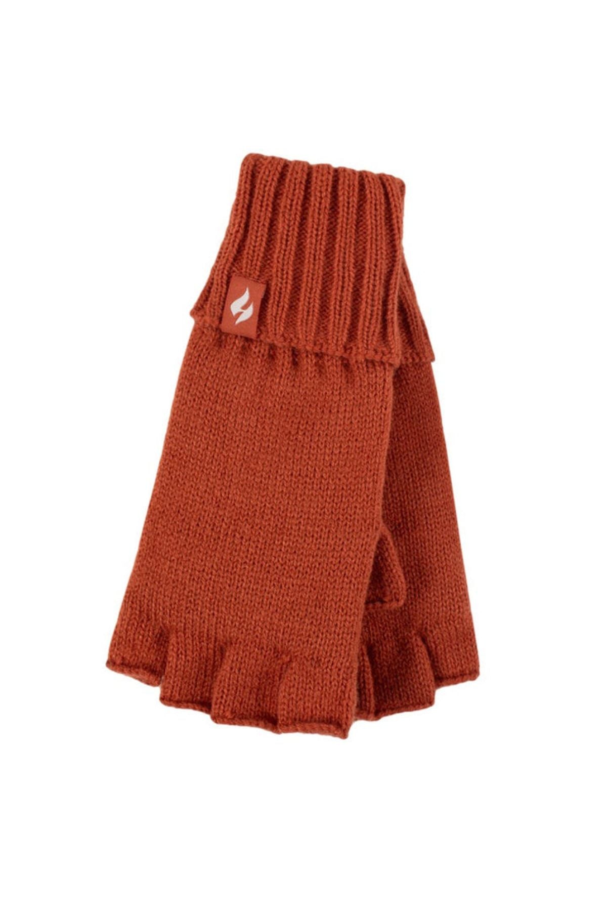 A pair of rust-colored Heat Holders Ladies Fingerless Thermal Gloves with ribbed cuffs and a red tag featuring a white flame logo.