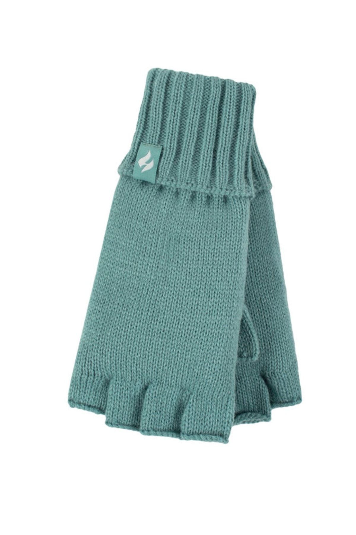 Heat Holders Ladies Fingerless Thermal Gloves in teal feature ribbed cuffs and a small tag—perfect for keeping your hands warm while leaving your fingers free.