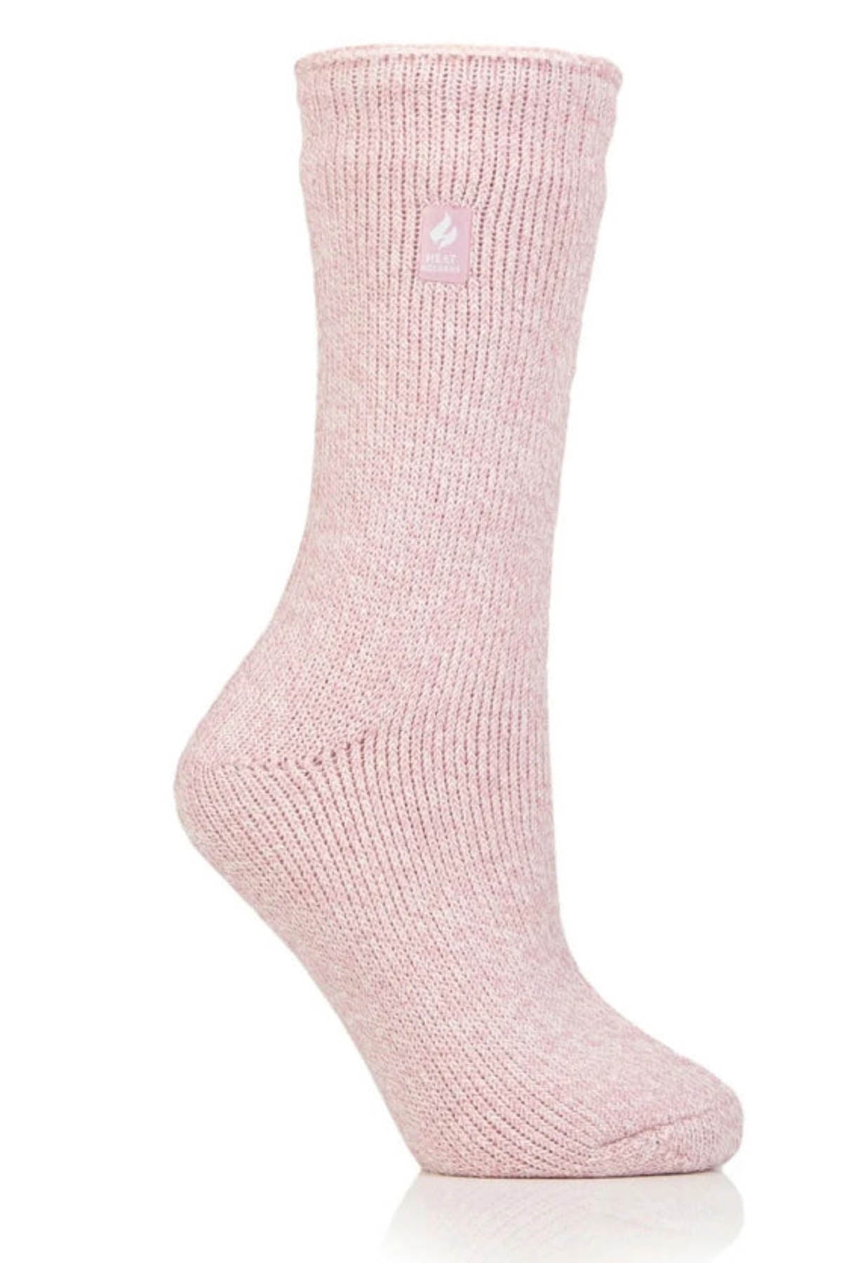 Displayed against a white background, the Heat Holders Ladies Original Thermal Heat Sock in pink features a ribbed texture and offers cozy warmth. The single sock is designed with a rolled cuff at the top and includes a small pink label near the upper section, adorned with a white dove design, making it perfect for those chilly days.