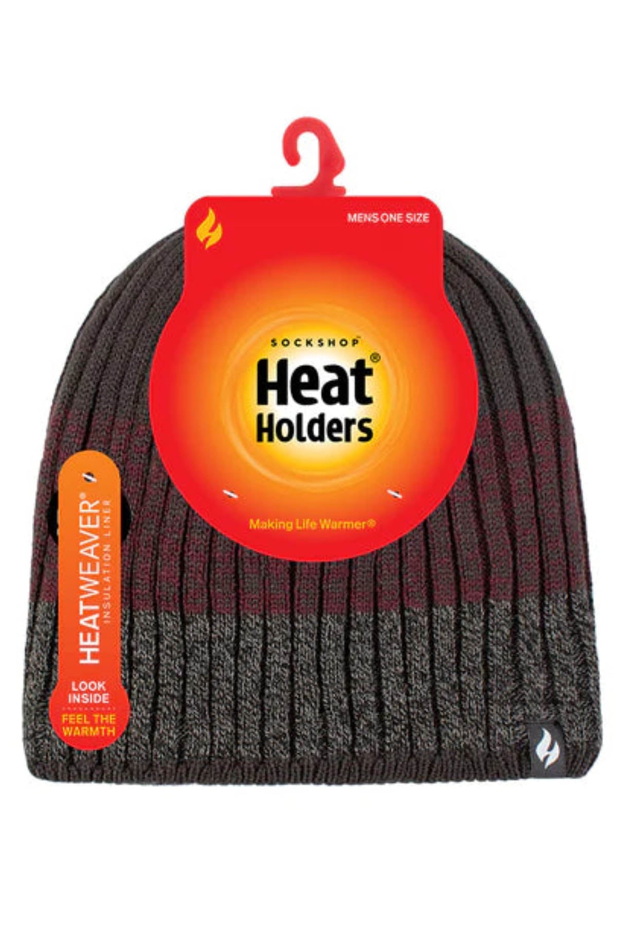 The Heat Holders Linden Block Stripe Men's Thermal Beanie, featuring a black and maroon striped design, is packaged for retail display. The branding includes the name "Heat Holders" with the tagline "Making Life Warmer." Labels indicate it features a HEATWEAVER lining and is designed as a thermal beanie for men, ideal for cold weather, in one size fits all.