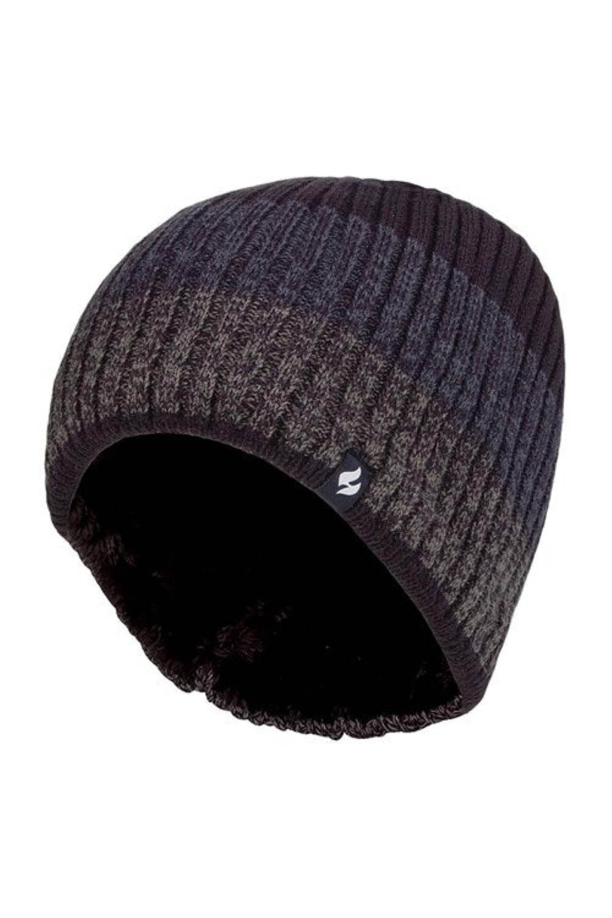 The Heat Holders Linden Block Stripe Men's Thermal Beanie is a dark ribbed knit beanie that showcases a subtle gradient, transitioning from light charcoal grey at the bottom to black at the top. It features a small black tag with a white logo on the side. Lined with HeatWeaver thermal lining, it provides exceptional warmth for cold weather.