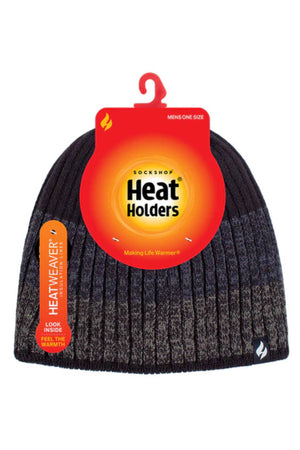 Image of a Heat Holders Linden Block Stripe Mens Thermal Beanie in black and gray, featuring a ribbed design and tagged with the "Heat Holders" label. The label highlights features such as "HeatWeaver Insulation" and suggests looking inside to feel the warmth. Perfect for cold weather, the text indicates it's a one-size men's hat.