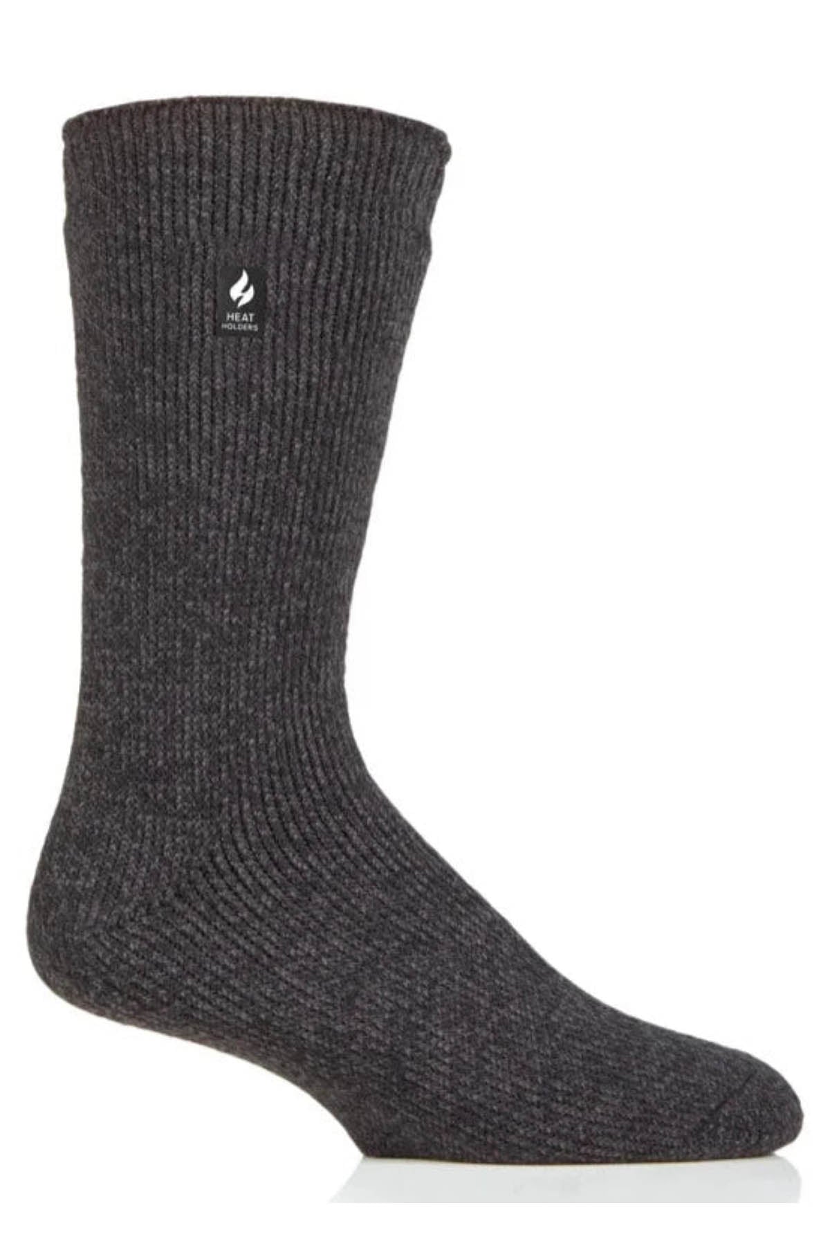 A single dark gray, ribbed "Original Thermal Heat Holders Sock" displayed against a white background. The sock features a small flame icon and the word "HEAT" knit near the top. Boasting a TOG rating of 2.3, this sock appears thick and warm, making it ideal for cold weather.