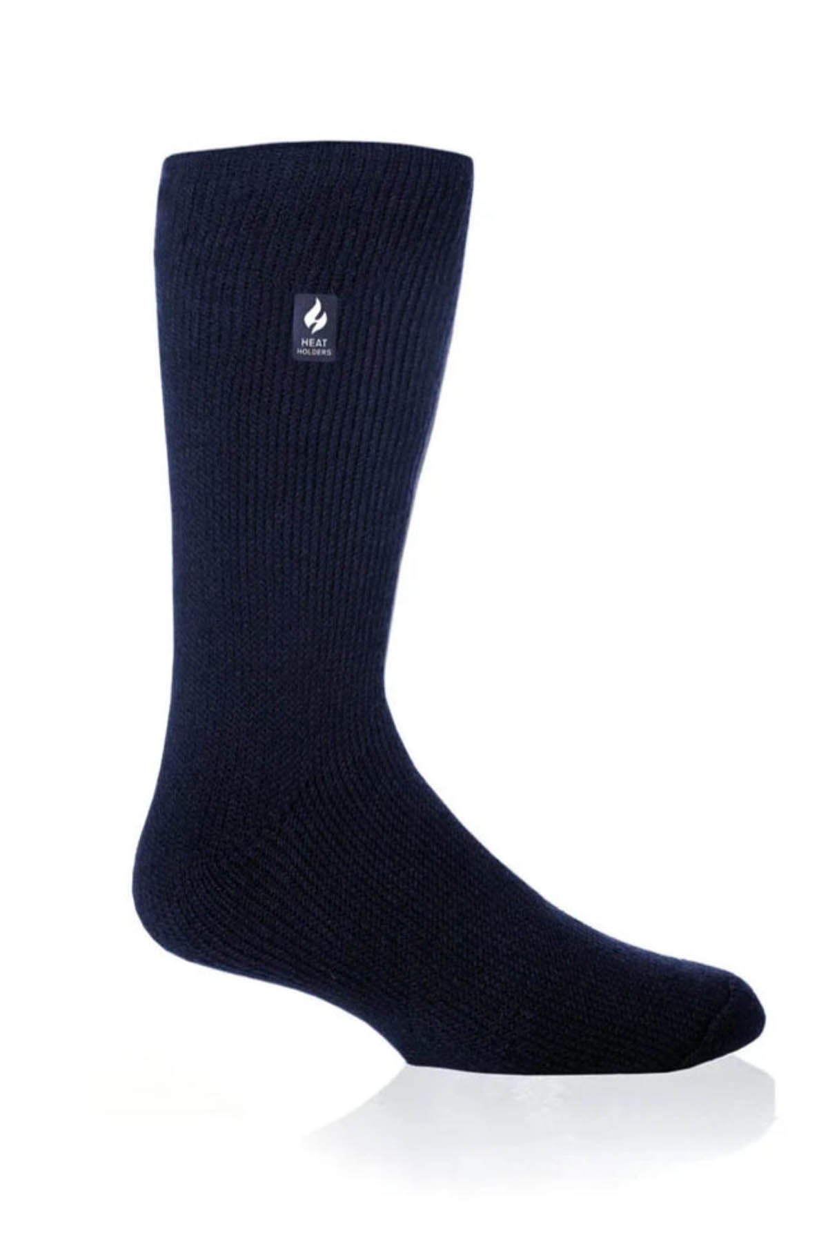 A single Original Thermal Heat Holders Sock in black is displayed against a plain white background. The sock features a ribbed texture and has a small label near the top with heating iconography, indicating its design for cold weather warmth. The overall design is simple and straightforward.