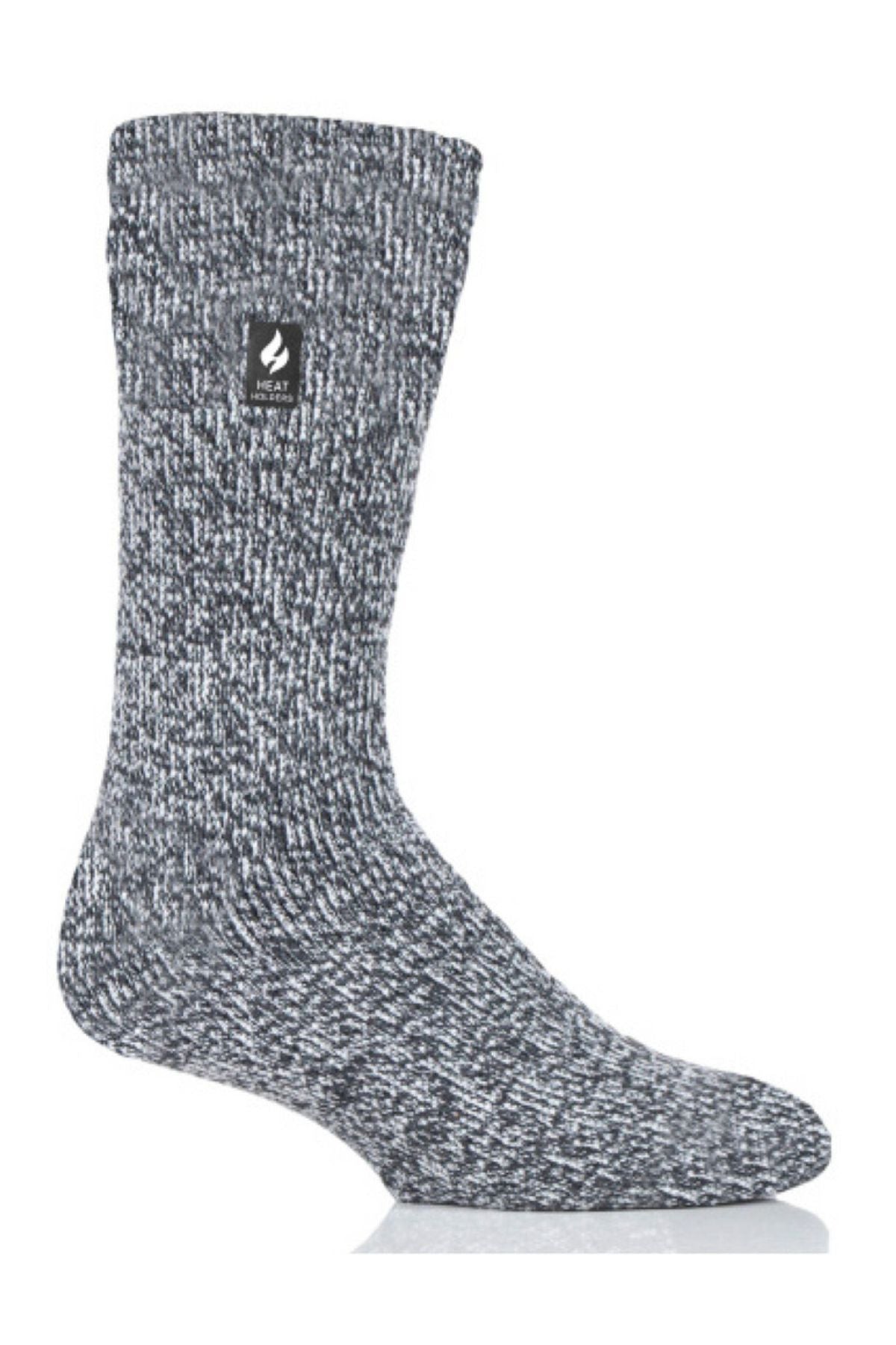 The Heat Holders Original Thermal Sock is a single grey marled crew sock with a textured knit, warm for winter, and features a small black and white logo patch near the cuff, shown against a white background.