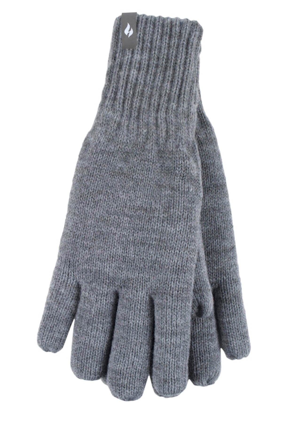 Heat Holders Oslo Mens Thermal Gloves in gray, featuring ribbed cuffs and a small tag with a white flame icon on one cuff, displayed flat on a white background.