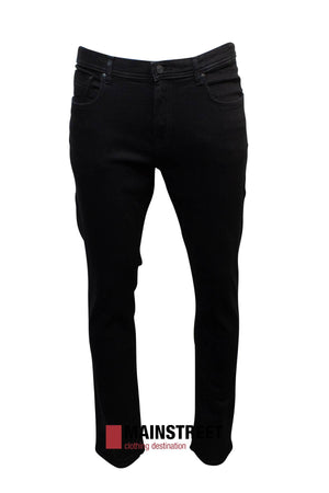Black Hechter Dallas Stretch Jeans showcased on a white background. Straight-cut with visible pockets and belt loops, made from Cotton Elastane for comfort. Finished with a "Mainstreet" logo, your source for stylish, regular tapered fit essentials.
