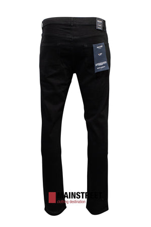 The rear view of the Hechter Dallas Stretch Jean in black showcases visible pockets and tags. Made from a Cotton Elastane blend for comfort, they are displayed against a white background. The Mainstreet logo and "clothing destination" text appear at the bottom, featuring Regular Tapered fit style.