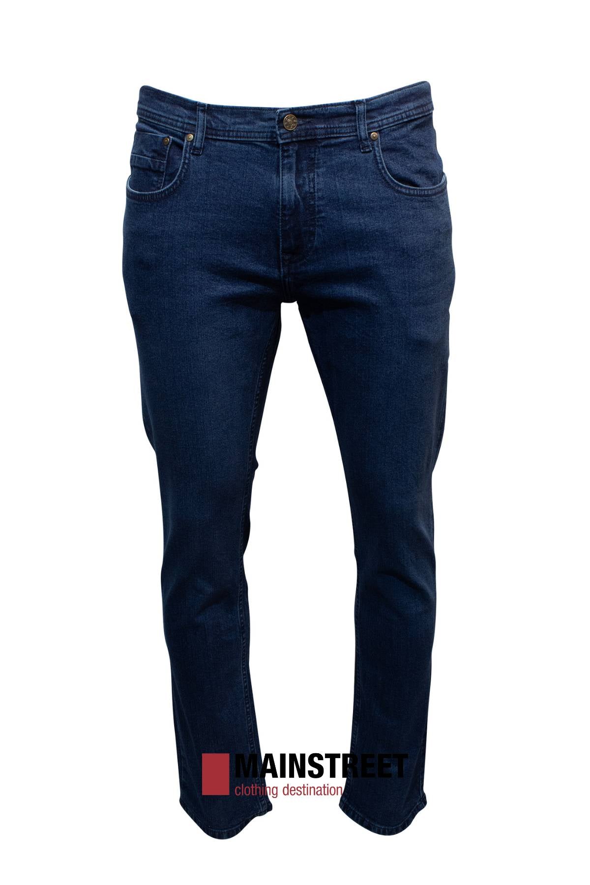 A pair of Hechter Dallas Stretch Jeans for men in dark blue denim, Regular Tapered fit, shown on a white background with the Mainstreet logo at the bottom center.