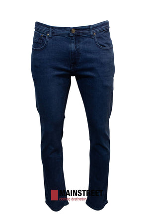 A pair of Hechter Dallas Stretch Jeans for men in dark blue denim, Regular Tapered fit, shown on a white background with the Mainstreet logo at the bottom center.
