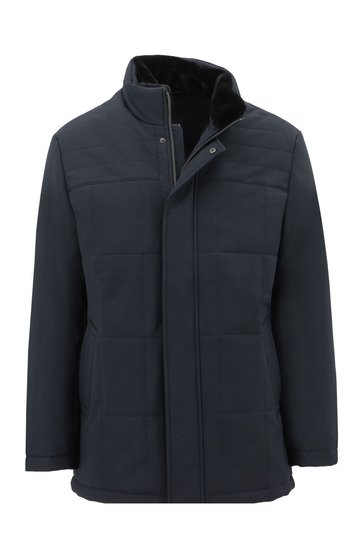 The Hechter Jeremy Jacket is a men's black quilted polyester jacket featuring a high collar, front zipper and snap-button closure, and two front pockets, shown on a white background.