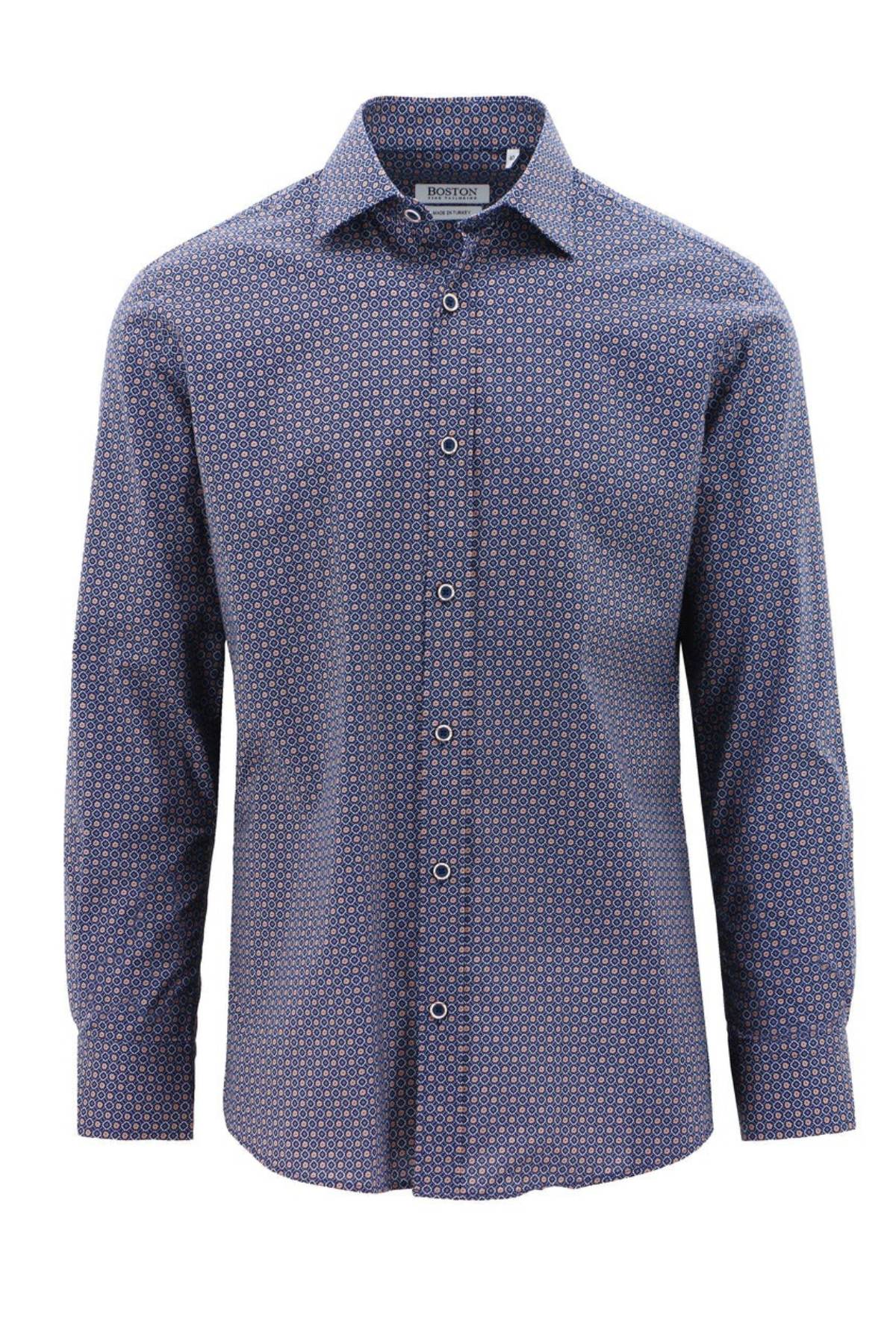 The Boston Liberty Casual Circle Print Shirt is a slim fit, long-sleeved navy blue dress shirt adorned with a subtle dotted pattern. Made from 100% cotton, it features a classic collar and button-down front, offering a modern twist on casual style.