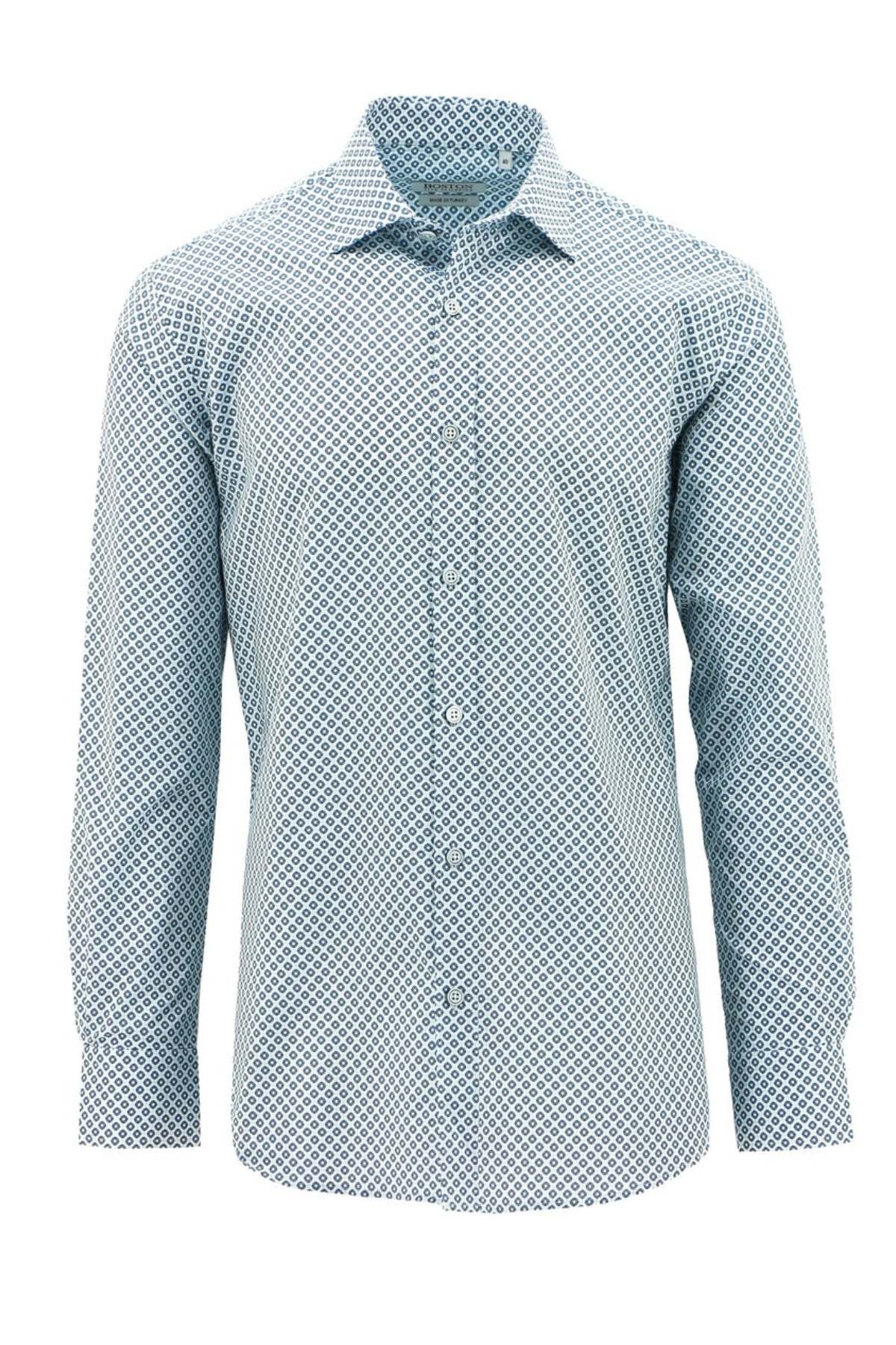 The Boston Liberty Casual Diamond Print Shirt is a long-sleeved, slim fit button-up featuring a white background dotted with a teal geometric pattern, displayed against a plain backdrop.