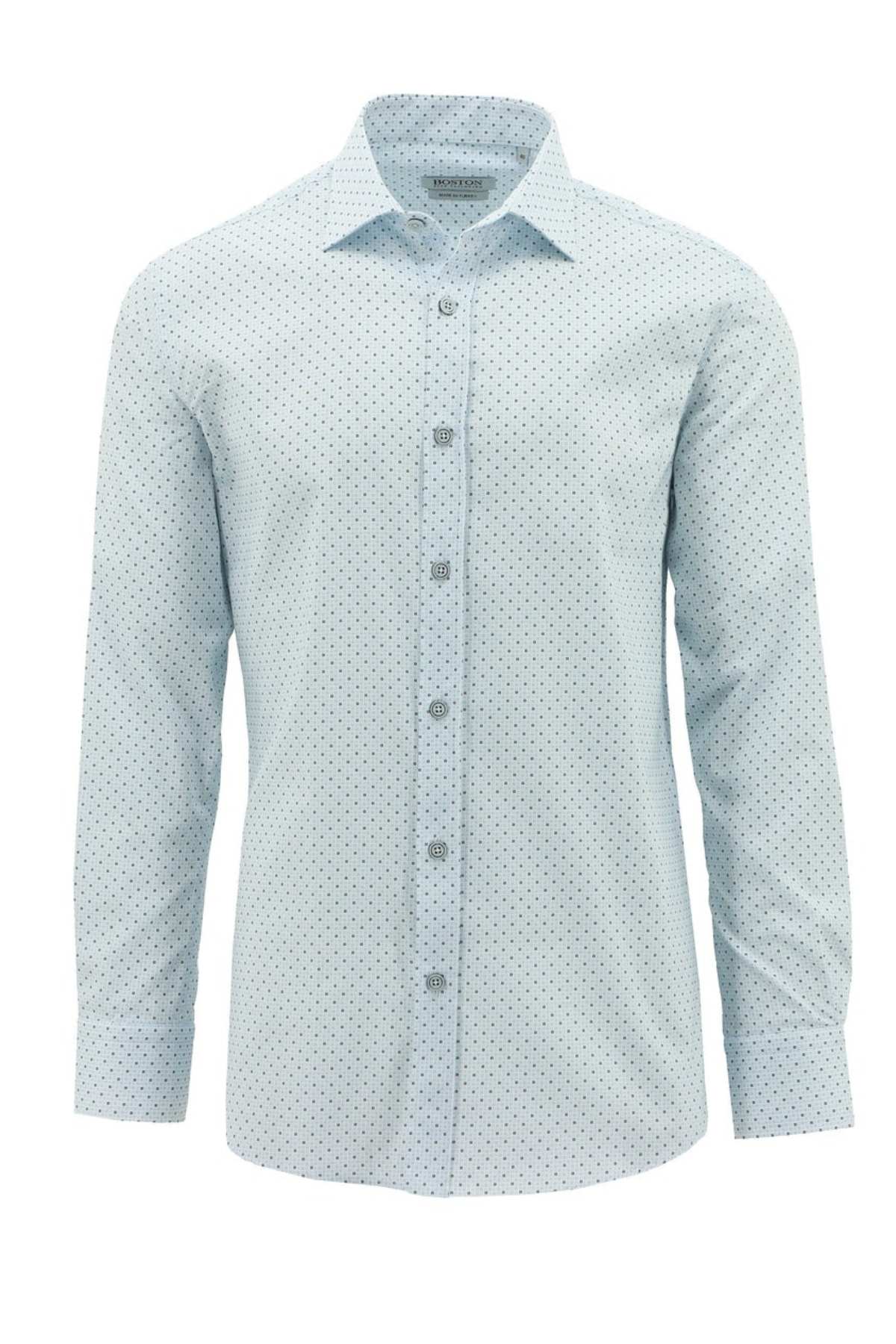 Light blue dress shirt with a subtle square tile print, featuring long sleeves and a classic collar. Made from 100% cotton, this Boston Liberty Casual Square Tile Print Shirt is buttoned up in the front.