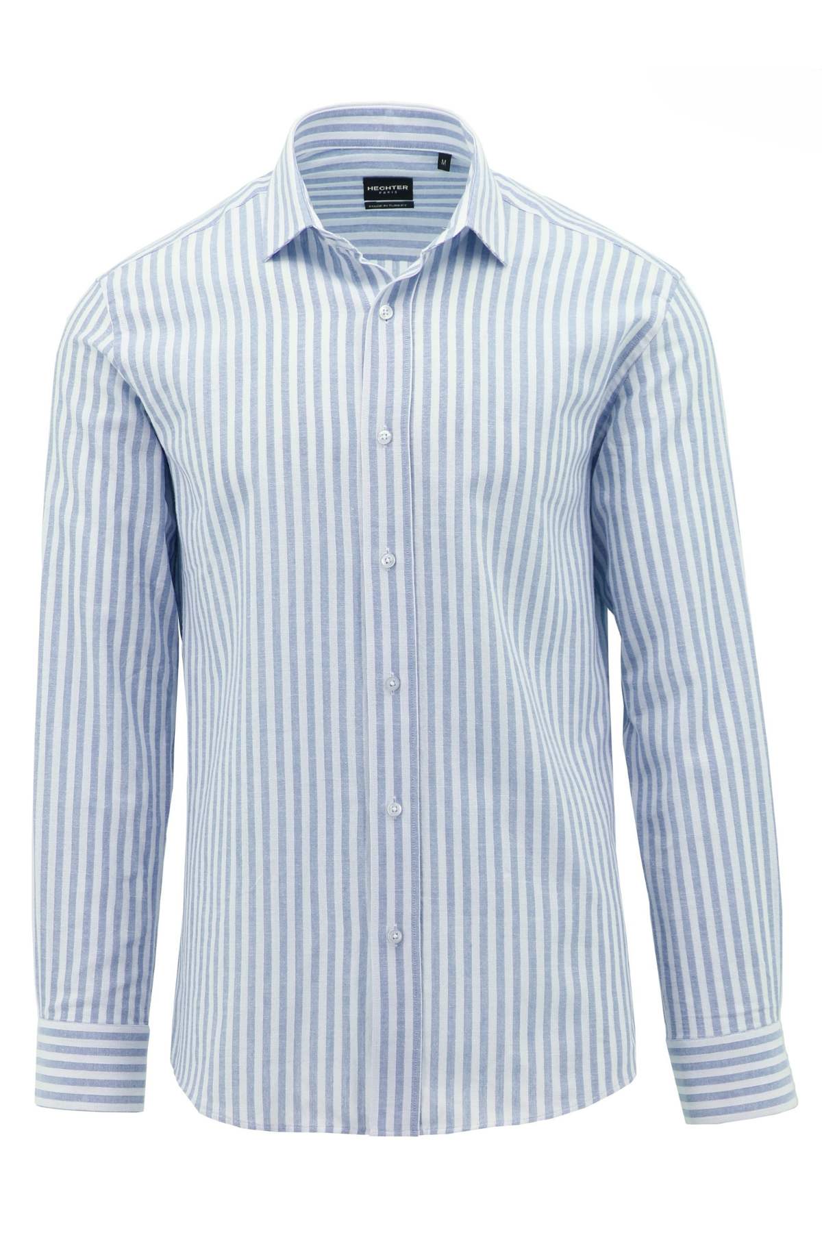 The Hechter Sel Cotton Striped Shirt is a slim-fit, long-sleeved shirt with vertical light blue and white stripes, a classic collar, cuffed sleeves, and a button-down front.
