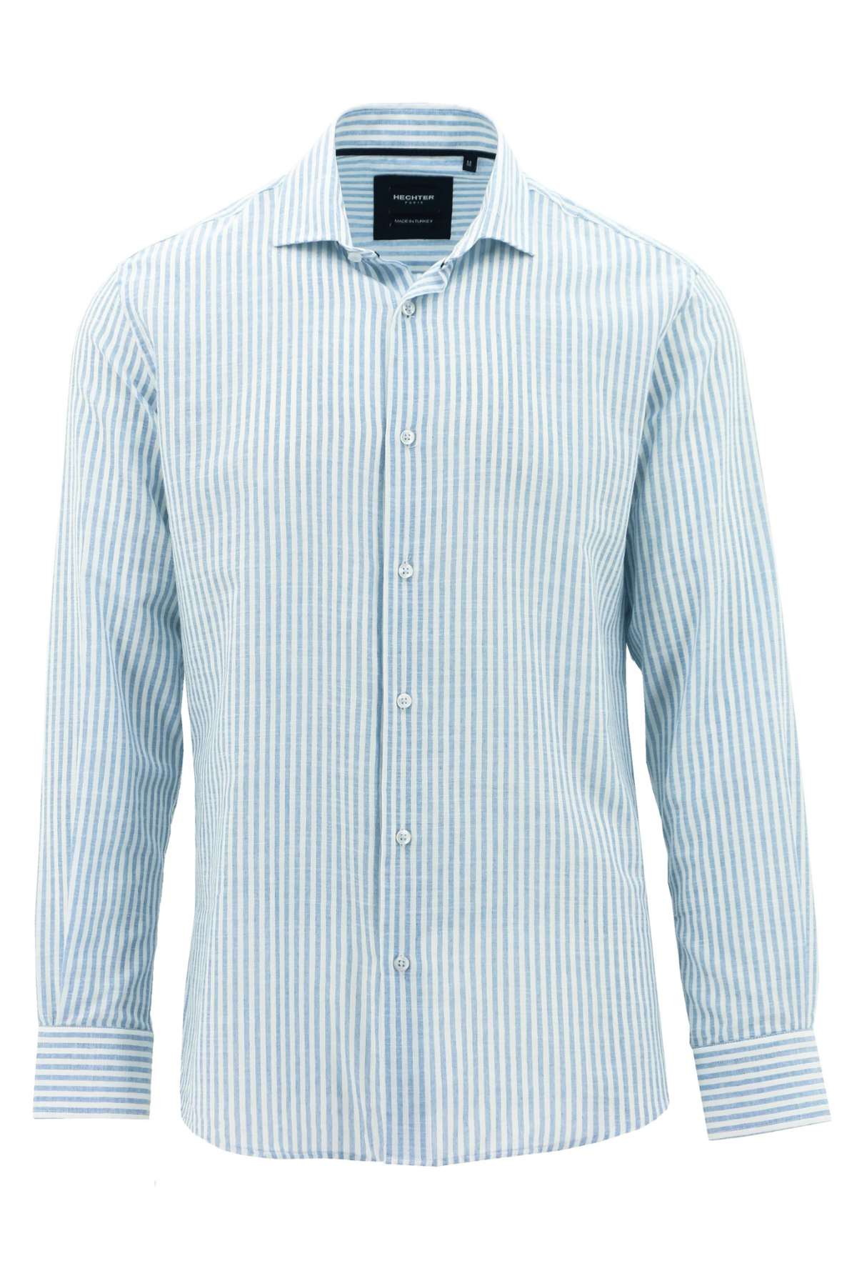 The Hechter Sel Cotton Striped Shirt is a long-sleeved, slim fit garment with a light blue and white vertical stripe pattern. Made from 100% cotton, it features a classic collar and buttoned cuffs, offering a formal style suitable for both business and casual wear.
