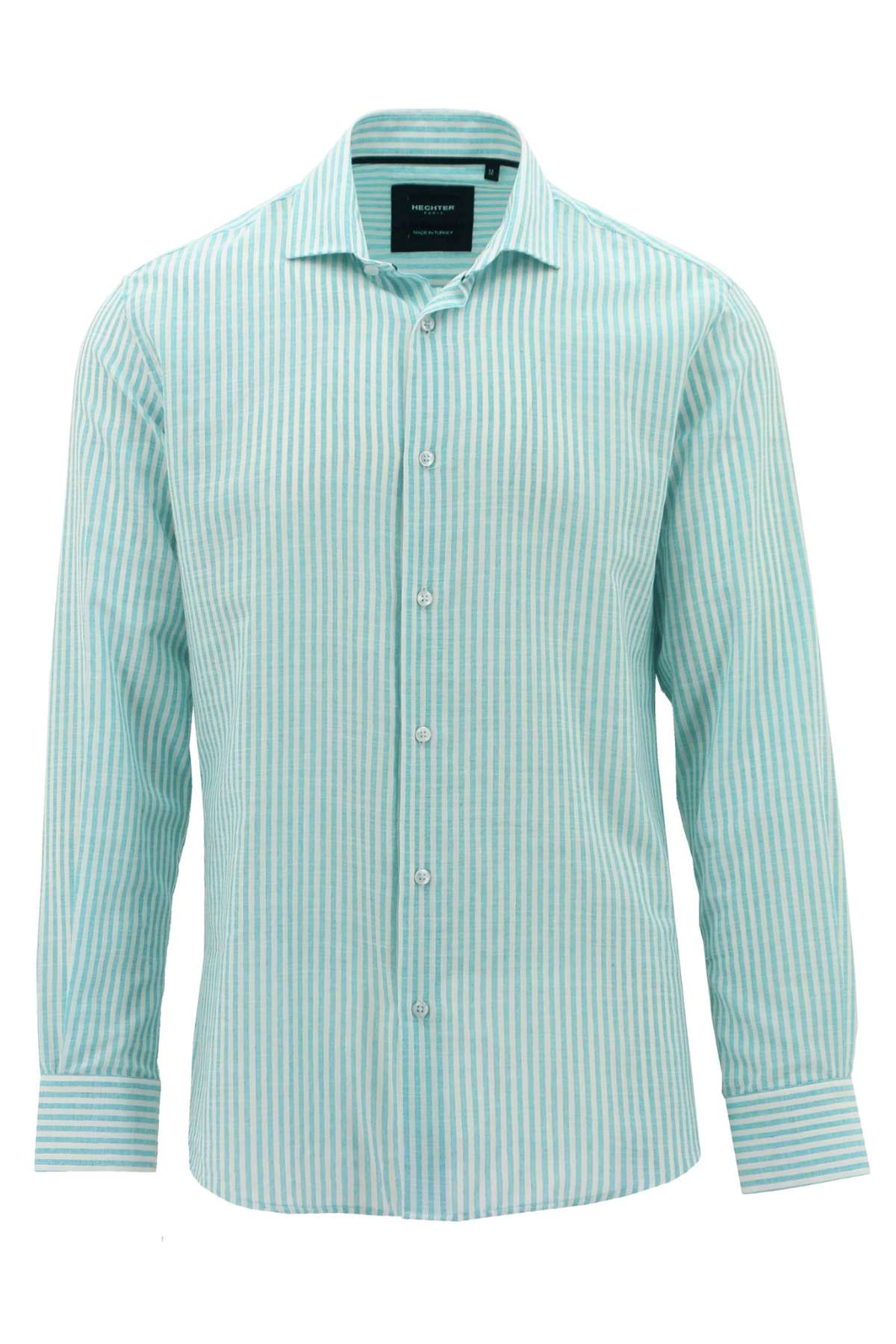 A slim-fit, long-sleeved Hechter Sel Cotton Striped Shirt with a turquoise and white vertical stripe pattern. Made from 100% cotton, the shirt features a classic collar and buttoned cuffs, offering a formal and stylish appearance.