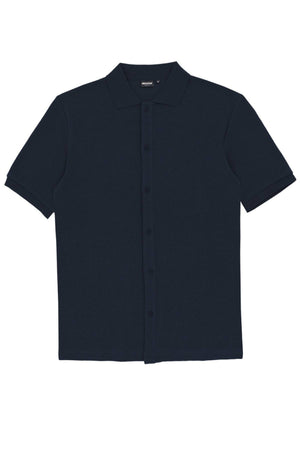 The Hechter Sheen Textured Cotton Blend Short Sleeve Shirt features a button-up front, collar, and dark navy blue textured fabric, shown laid flat on a white background.