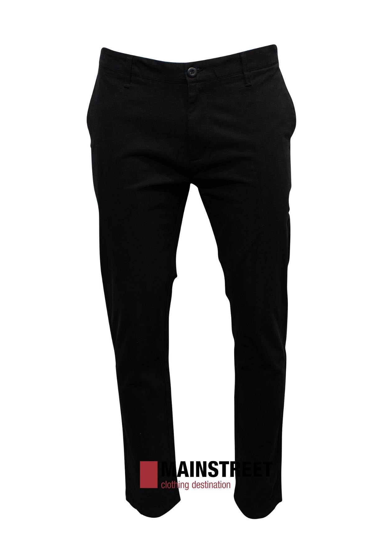 The Howard Hudson Brunswick Stretch Chino Pant, crafted with a cotton elastane blend for comfort, showcases a modern fit and features the "Mainstreet clothing destination" logo. It's elegantly displayed against a white background.