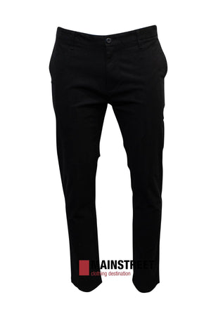 The Howard Hudson Brunswick Stretch Chino Pant, crafted with a cotton elastane blend for comfort, showcases a modern fit and features the "Mainstreet clothing destination" logo. It's elegantly displayed against a white background.