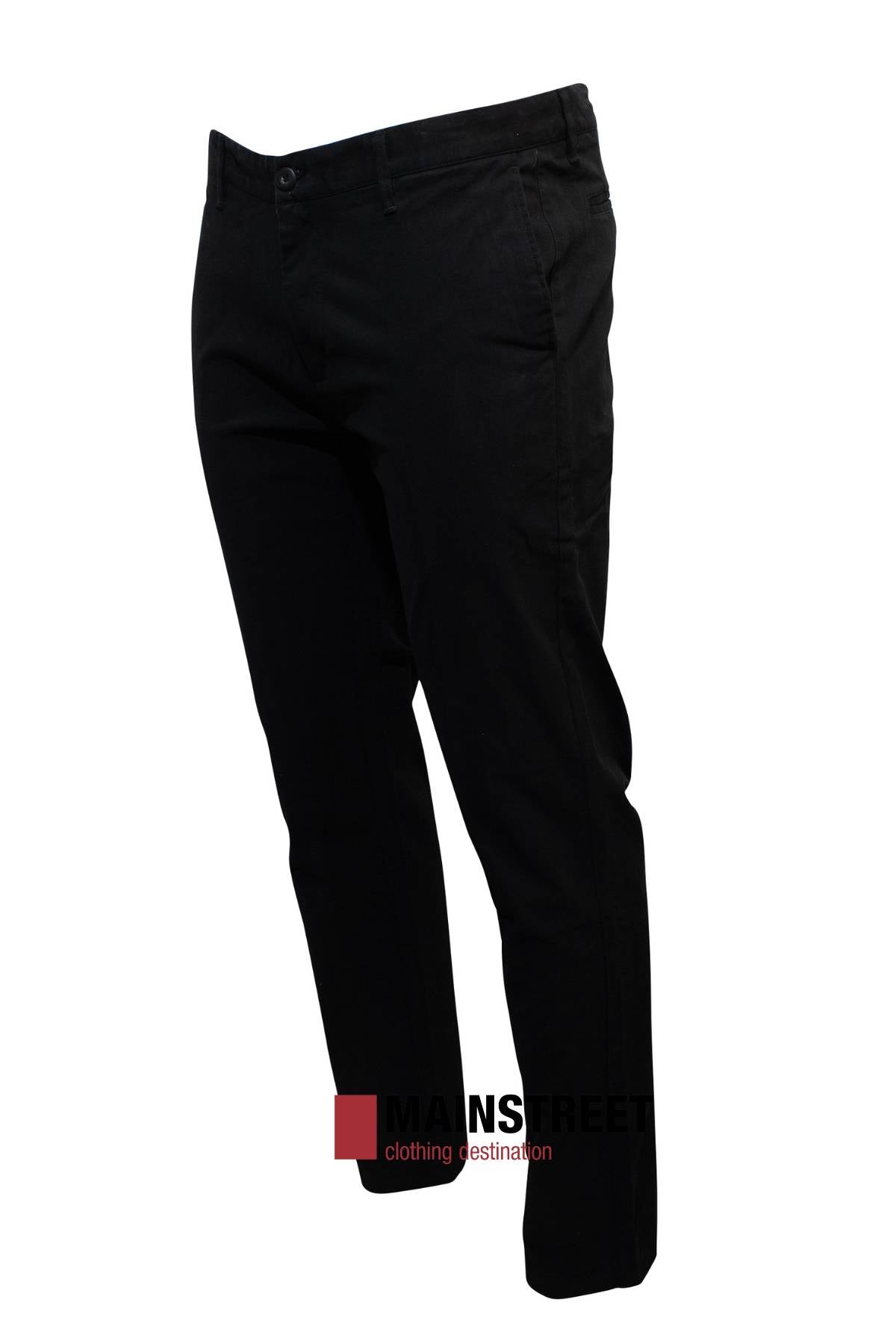 The Howard Hudson Brunswick Stretch Chino Pant is shown slightly angled on a white backdrop. It features a smooth cotton elastane blend with a modern fit and straight-leg cut. Near the bottom, there's a "MAINSTREET clothing destination" watermark.