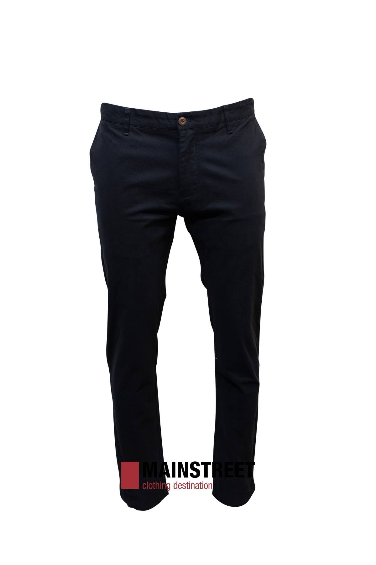 The Howard Hudson Brunswick Stretch Chino Pant, crafted from a cotton elastane blend with a modern fit and button closure, is shown against a white background. A small Mainstreet logo appears at the image's bottom right.