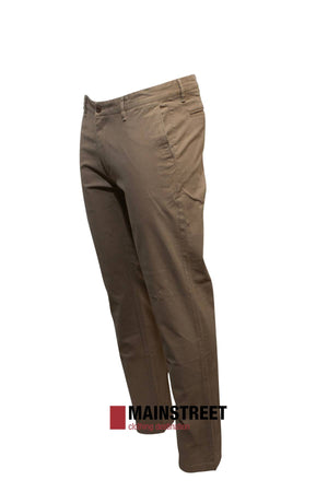 A pair of light brown Howard Hudson Brunswick Stretch Chino Pants in modern fit and straight-leg style is displayed on a white background, with the “Mainstreet Clothing Destination” logo highlighting these stylish, practical pants.