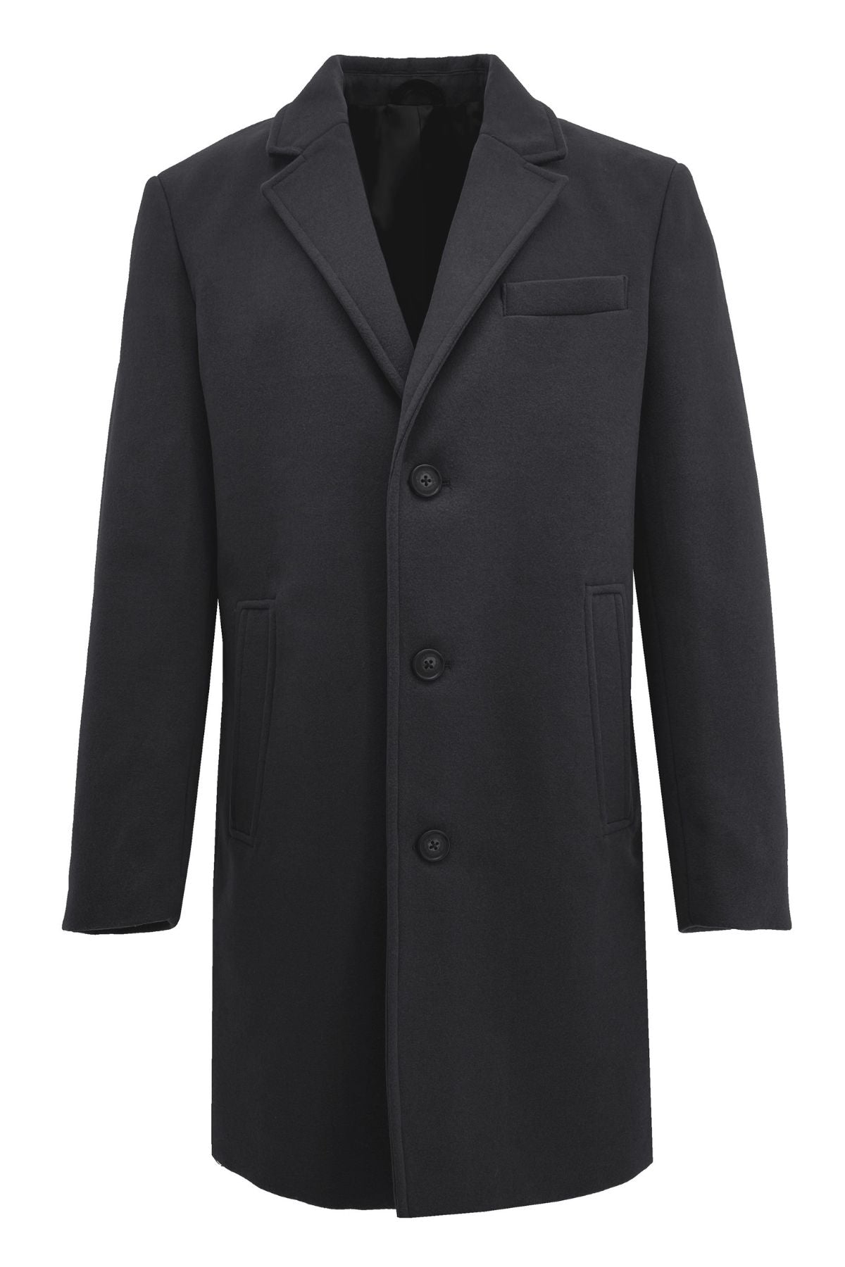 The Howard Hudson Overcoat is a black, knee-length coat featuring three buttons, two front pockets, a chest pocket, and a notched lapel collar in a modern fit, shown on a white background.