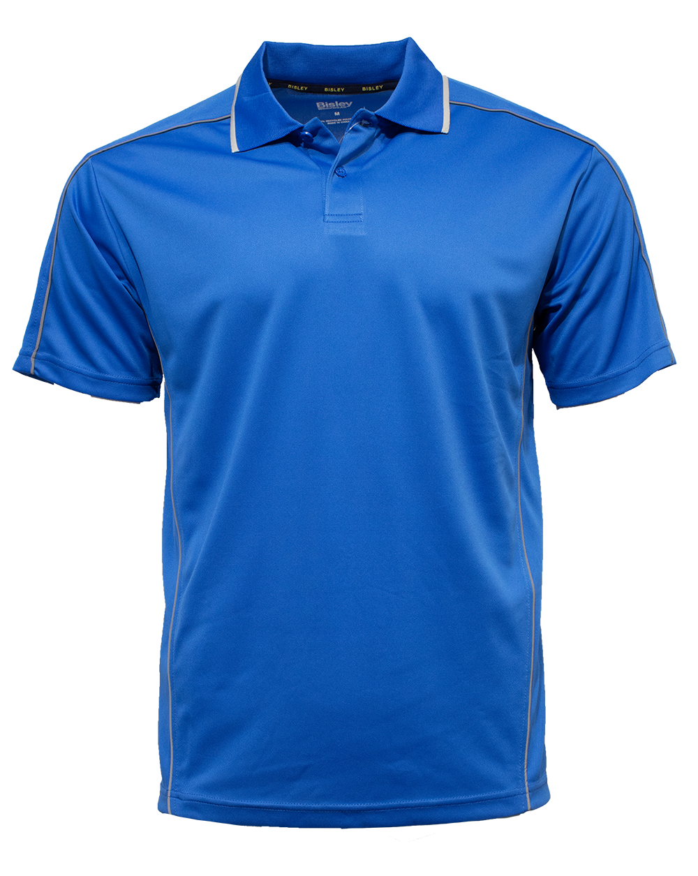 The Bisley Cool Mesh Polo is a blue short-sleeve shirt with a rib knit collar, white reflective piping on the shoulders and sleeves, three buttons, and a straight hem.