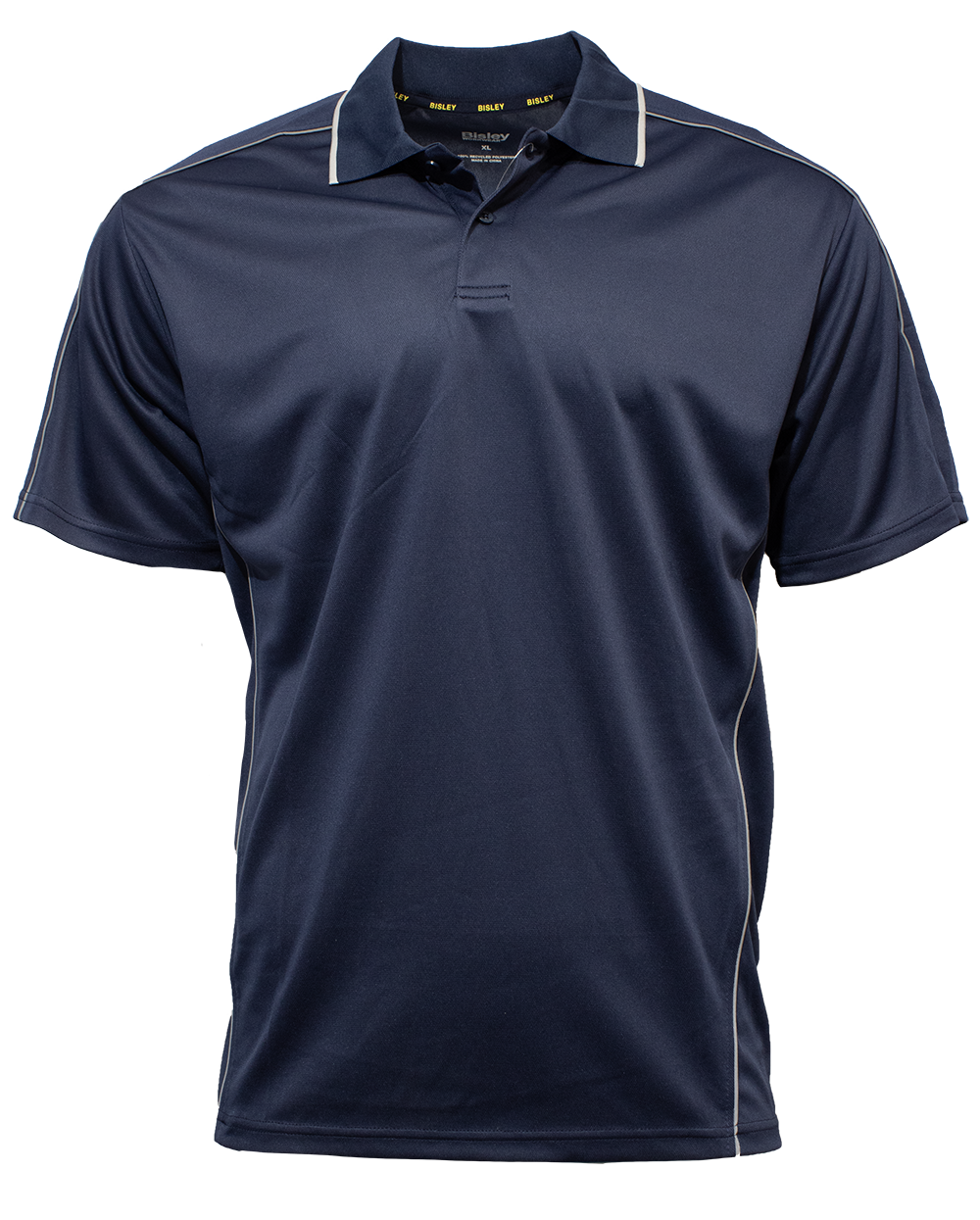 The Bisley Cool Mesh Polo is a dark blue, short-sleeve shirt featuring a collar and three buttons that can be partially unbuttoned. This comfortable polo also includes subtle white reflective piping on the shoulders and along the seams, crafted from what seems to be a lightweight, moisture-wicking polyester mesh material.