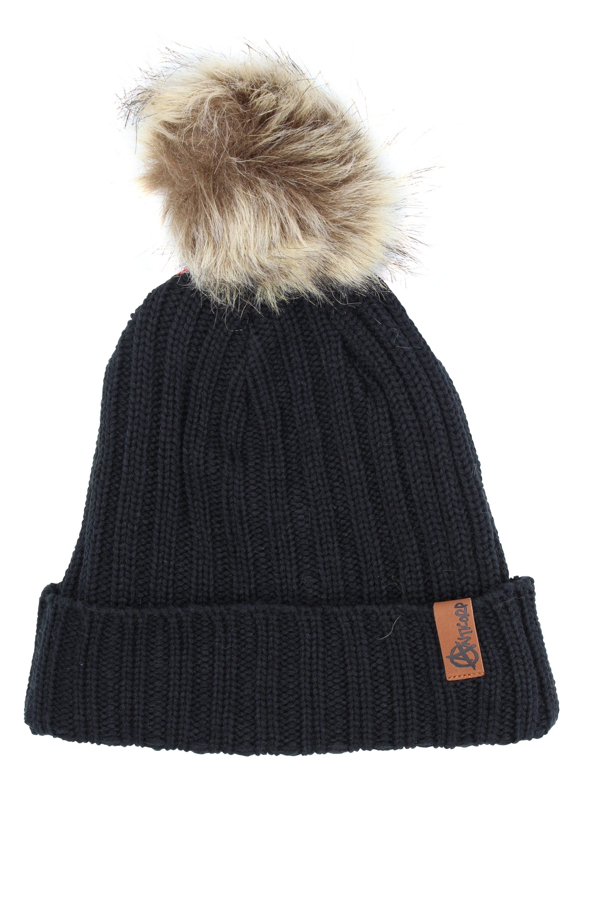The Anticorp Ladies Snuggly Beanie, perfect for winter, features a black knit design with a wide cuff, a removable faux fur pom-pom on top, and a brown leather logo tag on the cuff. The beanie is displayed against a white background.