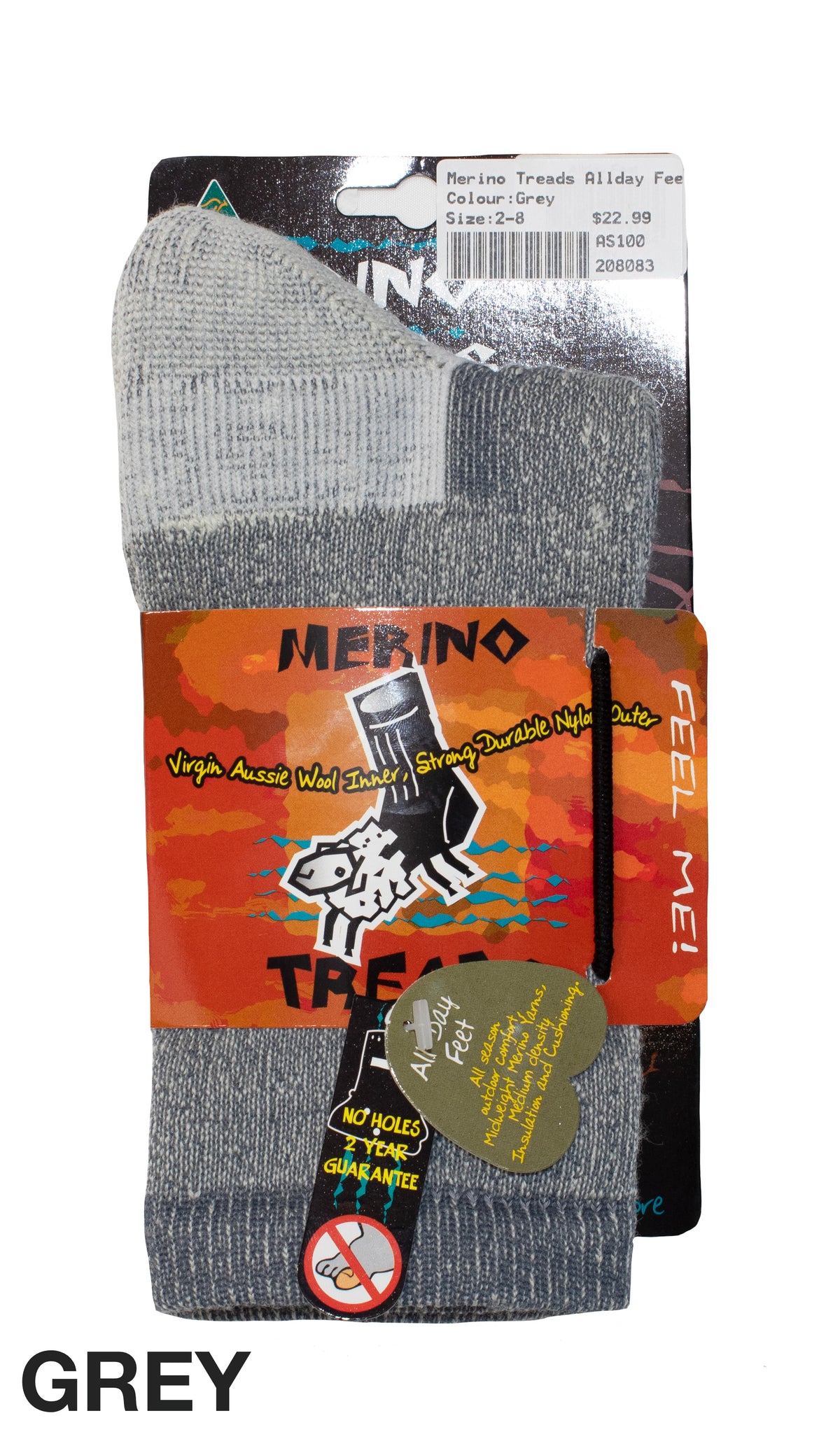 A pair of grey Merino Treads Allday Feet socks is displayed with its packaging showcasing features such as "Virgin Aussie Wool" and "Strong Durable Lycra Core." A tag offers a "No Holes to Toes Guarantee." These winter work socks come in sizes 6-10, perfect for any outdoor everyday sock needs.