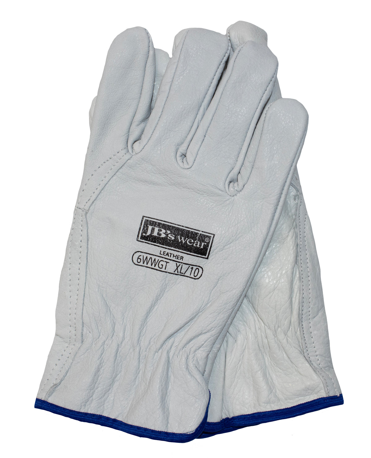A pair of white leather work gloves labeled "JBs Rigger Glove" with the text "LEATHER 6WWGT XL/10" on one of them. The gloves, positioned with one on top of the other, feature blue trim along the bottom edges and a Thinsulate lined inner for added warmth. They are EN 420+A1:2009 certified for safety compliance.
