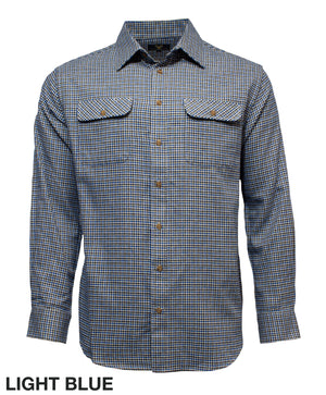 A comfortable Vonnella Neat Shirt in light blue features a long sleeve, button-down design with a checkered pattern. It includes two chest pockets with button flaps and is showcased against a plain white background. The label "LIGHT BLUE" appears in black at the bottom left corner, exemplifying Vonnella quality.