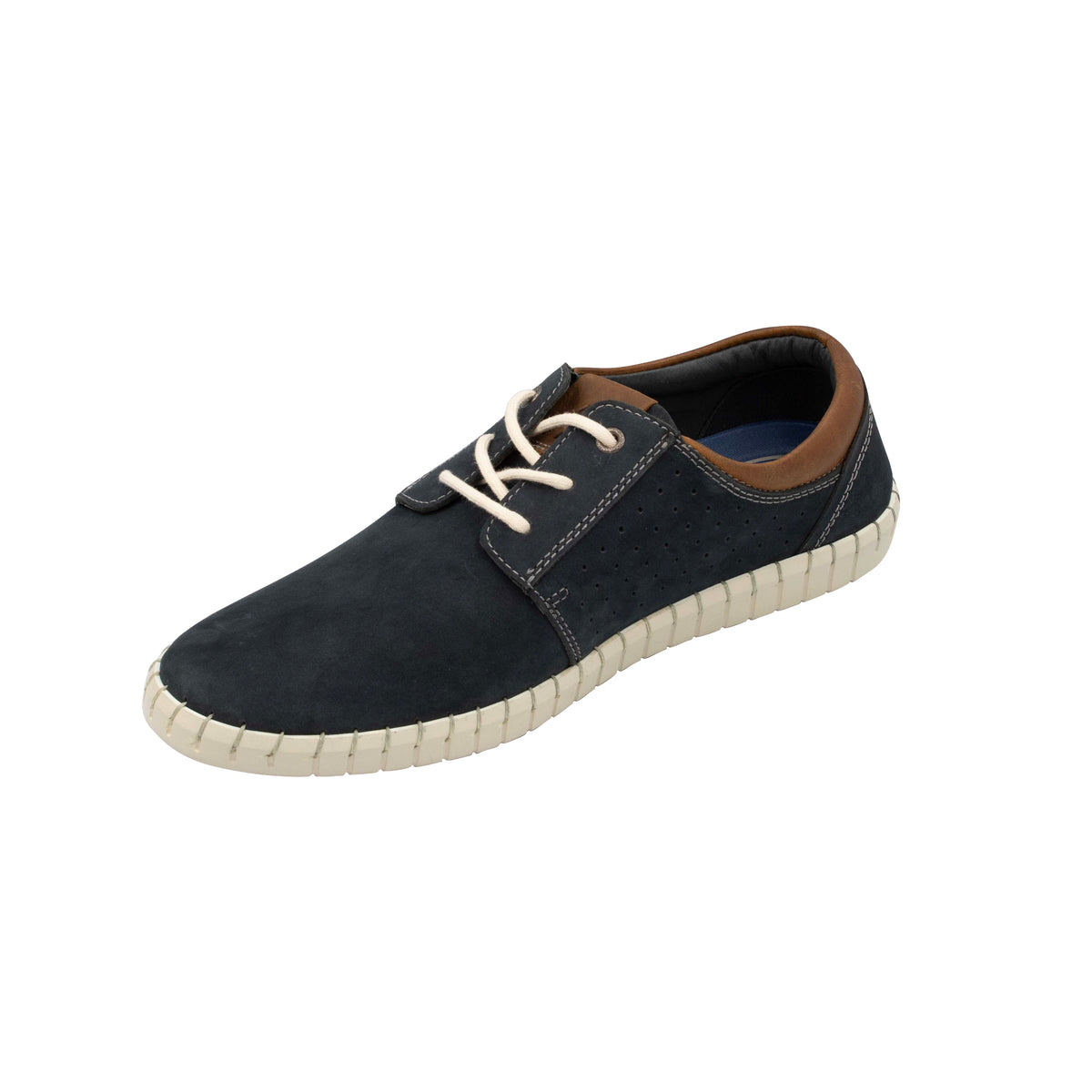 The Colorado Texan Shoe is a dark green versatile sneaker with white laces and a brown ankle trim, featuring a memory foam footbed for comfort. Its chic design includes a white rubber sole, beautifully showcased from side and top views at an angle.