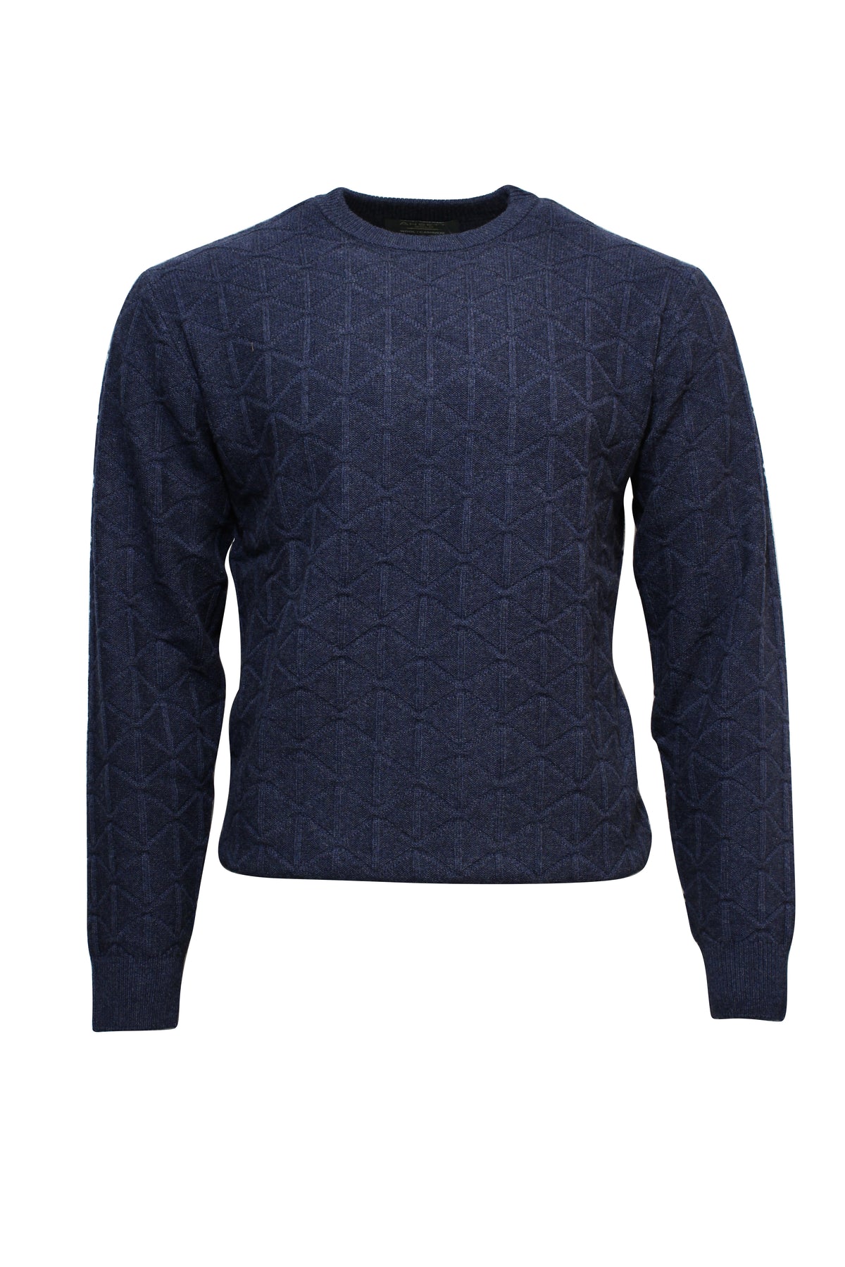 The Ansett Gold Luxury Wool Cashmere Textured Crew Knit in navy features long sleeves, a crew neck, and a subtle geometric pattern, shown against a white background.