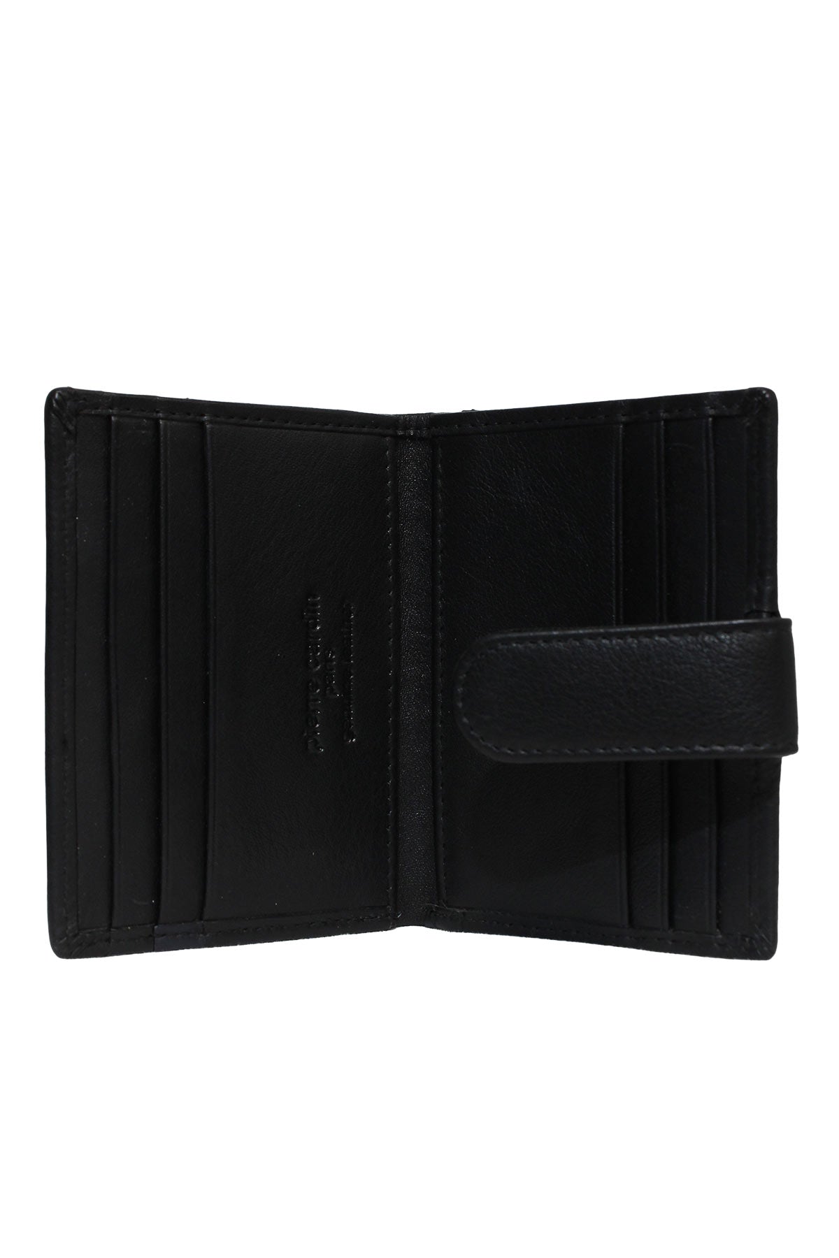 The black Pierre Cardin Wallet is open, displaying multiple card slots on both sides, a snap closure strap on the right, and a smooth, genuine leather interior with neat stitching.