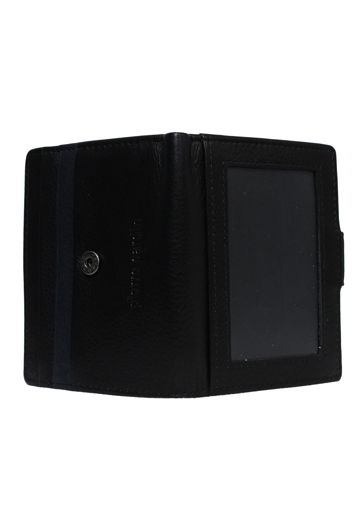 The Pierre Cardin Wallet, made of genuine black leather, is open on a white background. It features an ID slot with a clear window on the right and multiple card slots on the left. The wallet appears empty.