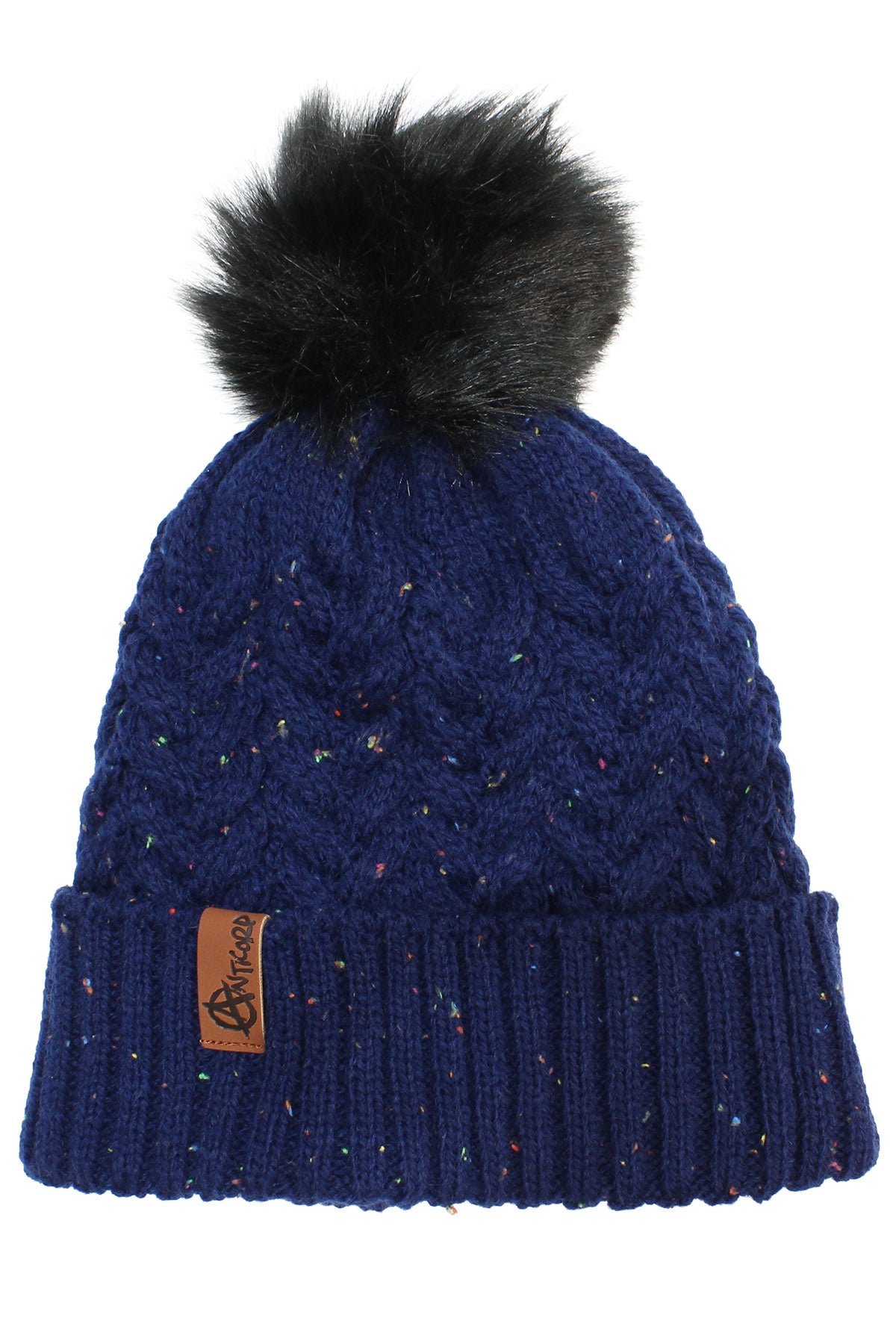 The Anticorp Ladies Plaid Beanie is blue, knitted, features a ribbed fold-over brim with multicolored speckles, a brown logo tag, and is topped with a large black faux fur pom-pom.