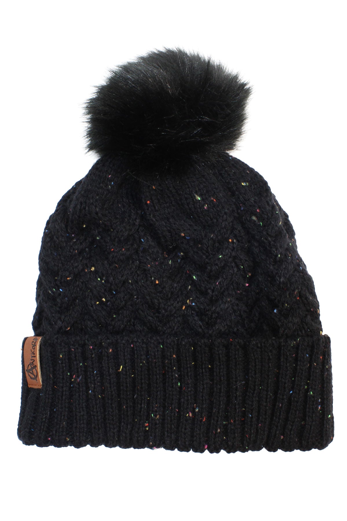 The Anticorp Ladies Plaid Beanie is a black knit winter hat for women, featuring a ribbed fold-over cuff with colorful speckles, a large black faux fur pom-pom, and a small brown tag on the cuff for cozy, stylish flair.