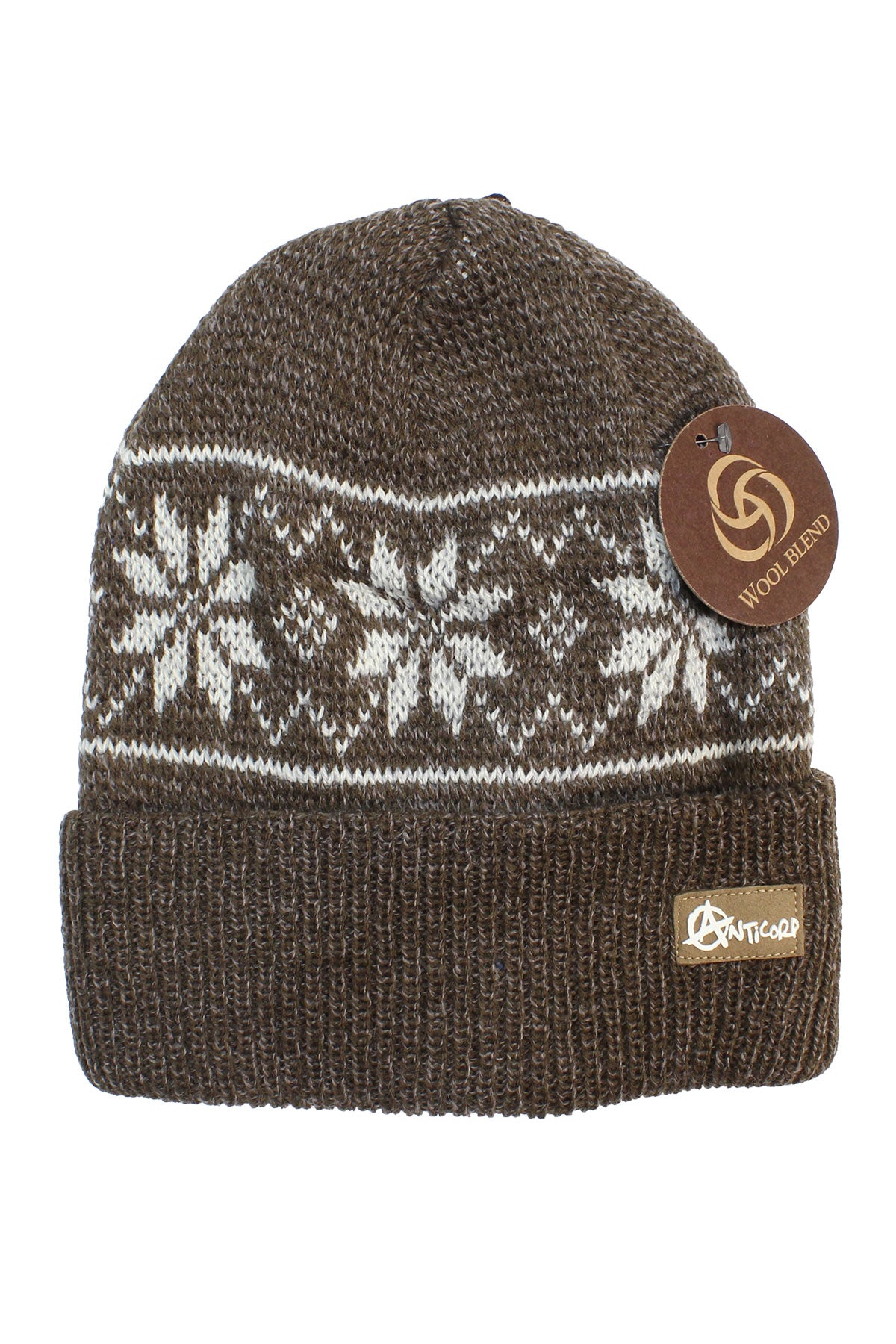 The Anticorp Pattern Beanie features brown fabric with white snowflake designs, a folded brim, a small logo tag, and a round "Wool Blend" tag—making it your ideal winter beanie for chilly days.